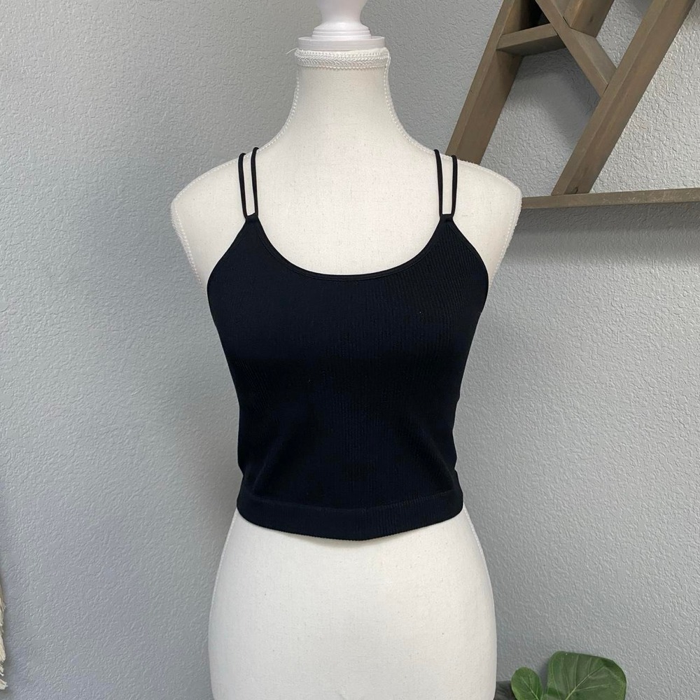COLSIE BLACK RIBBED CROP TANK TOP DOUBLE STRAPS GRUNGE ALT SUMMER SPRING
